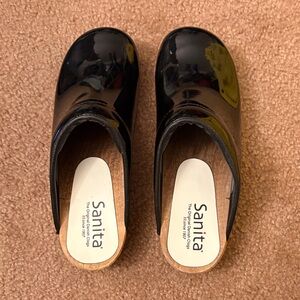 Sanita Black Patent Leather Clog Mules